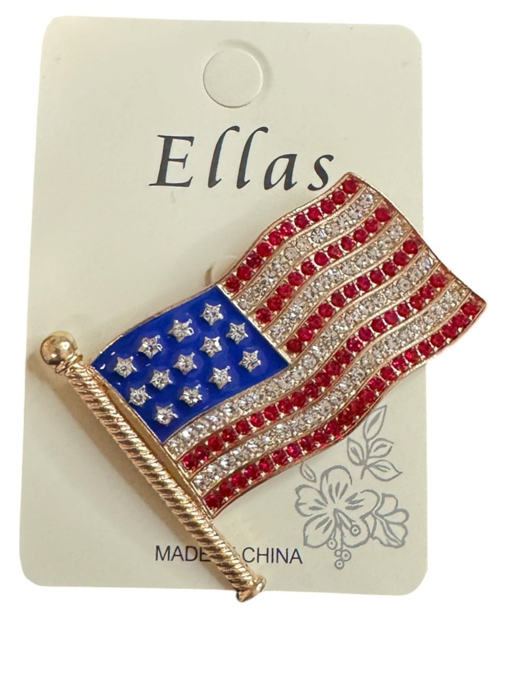 Ella American Flag Rhinestone Brooch – Patriotic Gold -Tone Enamel USA Flag Pin